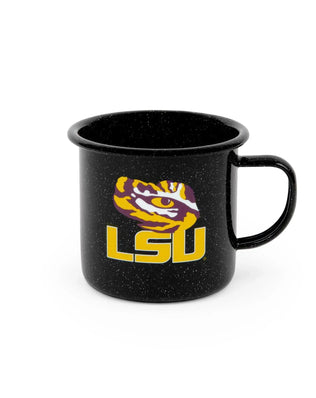 CK112BLA-LSU01 - Louisiana State (LSU) Enamelware 16oz Mug, Black Speckle - Golden Rabbit Enamelware