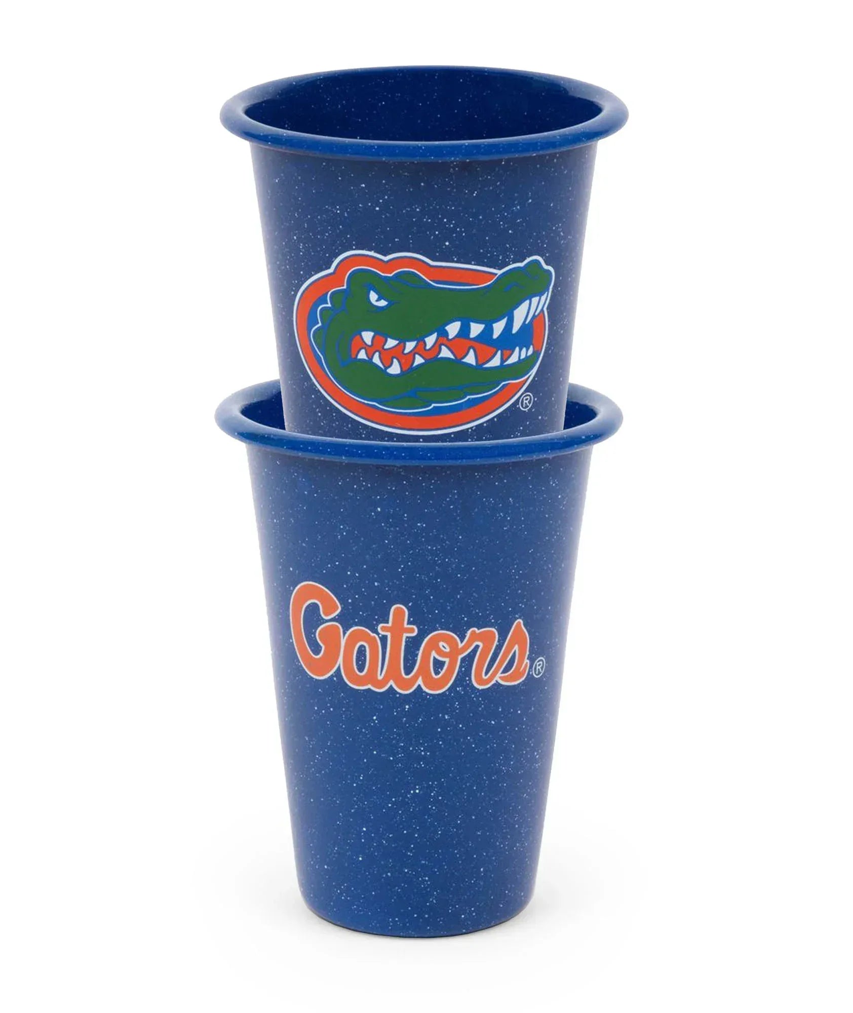 CK93MBU-UF01-2 - U of Florida Enamelware 14oz Tumblers, Medium Blue Speckle, Set of 2 - Golden Rabbit Enamelware