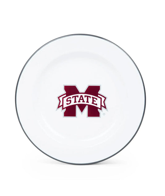 CV20GRY-MSU01-4 - Mississippi State Enamelware Dinner Plates, Grey Rim, Set of 4 - Golden Rabbit Enamelware