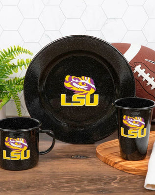 CK20BLA-LSU01-4 - Louisiana State (LSU) Enamelware Dinner Plates, Black Speckle, Set of 4 - Golden Rabbit Enamelware