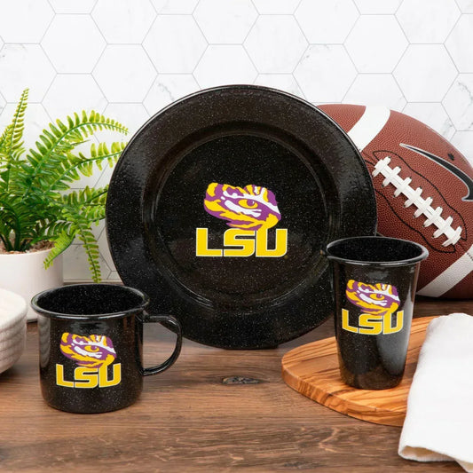 CK20BLA-LSU01-4 - Louisiana State (LSU) Enamelware Dinner Plates, Black Speckle, Set of 4 - Golden Rabbit Enamelware