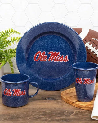CK20NVY-OM01-4 - U of Mississippi Enamelware Dinner Plates, Navy Speckle, Set of 4 - Golden Rabbit Enamelware
