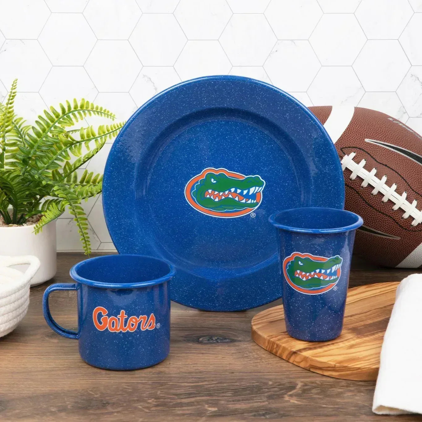 CK20MBU-UF02-4 - U of Florida Enamelware Dinner Plates, Medium Blue Speckle, Set of 4 - Golden Rabbit Enamelware