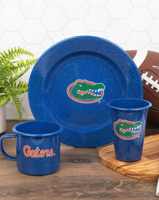 CK93MBU-UF01-2 - U of Florida Enamelware 14oz Tumblers, Medium Blue Speckle, Set of 2 - Golden Rabbit Enamelware