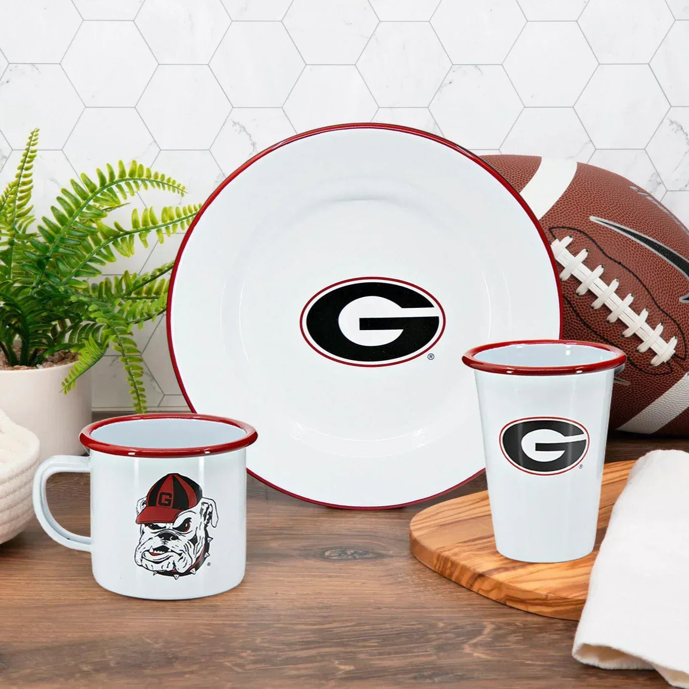 CV93RED-UGA01-2 - U of Georgia Enamelware 14oz Tumblers, Red Rim, Set of 2 - Golden Rabbit Enamelware