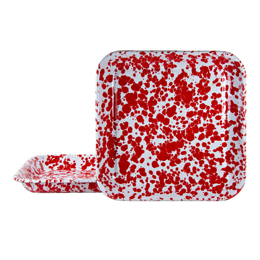 RD09S2 - Red Swirl Square Trays - Set of 2 - Golden Rabbit Enamelware