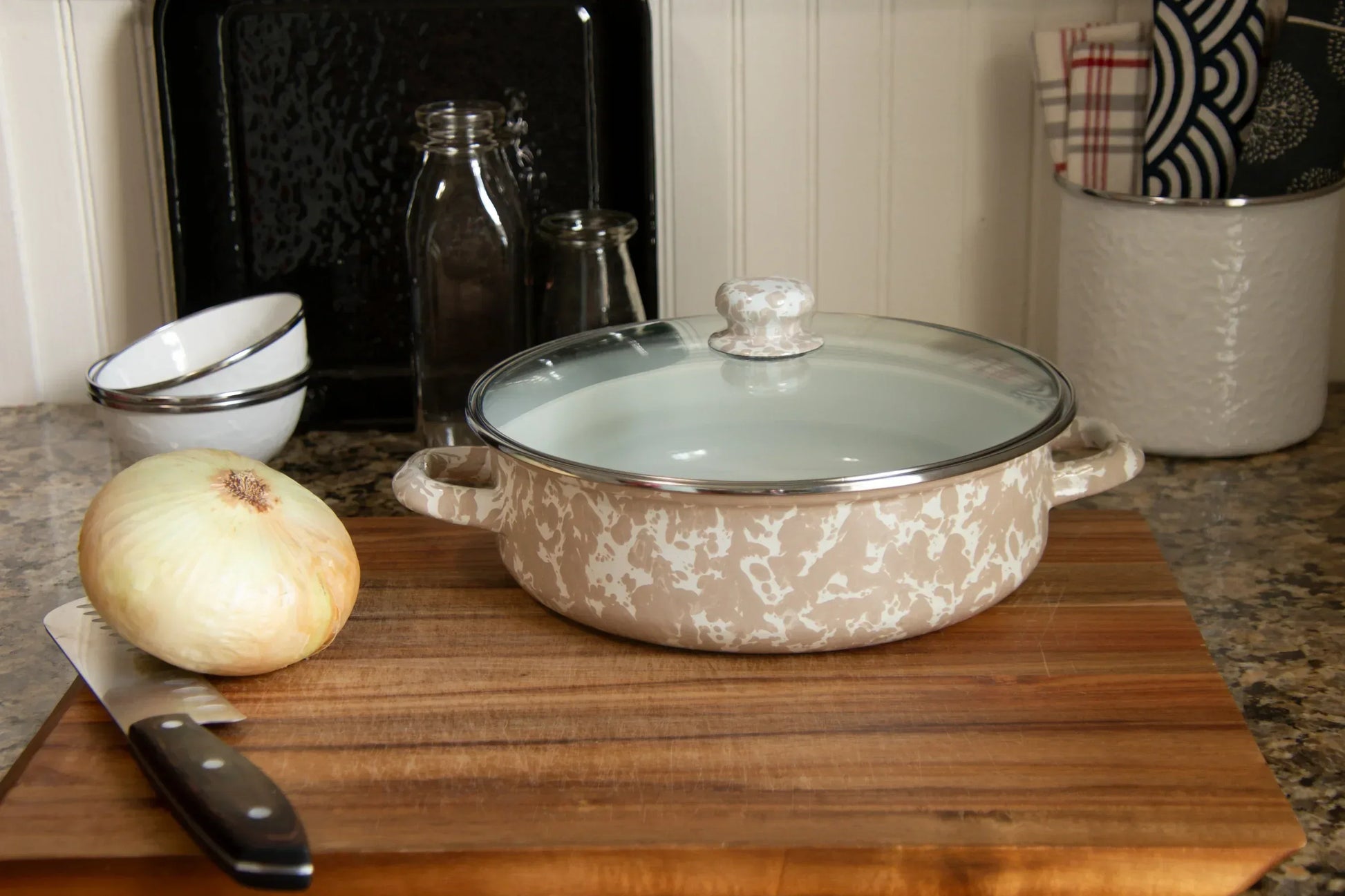 TP79 - Taupe Swirl Small Saute Pan - Golden Rabbit Enamelware