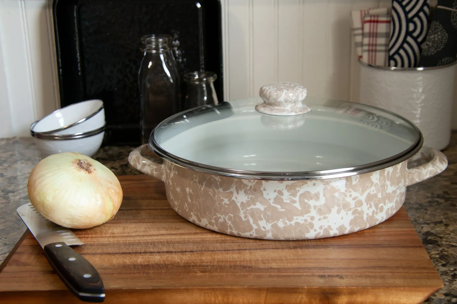 TP80 - Taupe Swirl Large Saute Pan - Golden Rabbit Enamelware